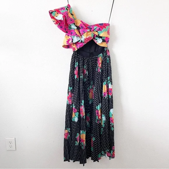 Amur Cleopatra Pleated Maxi Gown Dress in Black Pop Dot